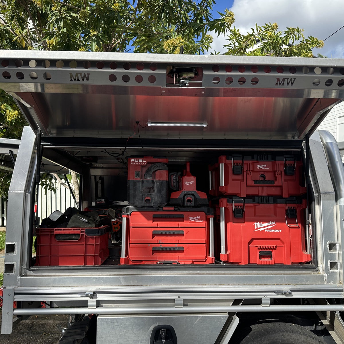 Toolbox lit and organized in daylight