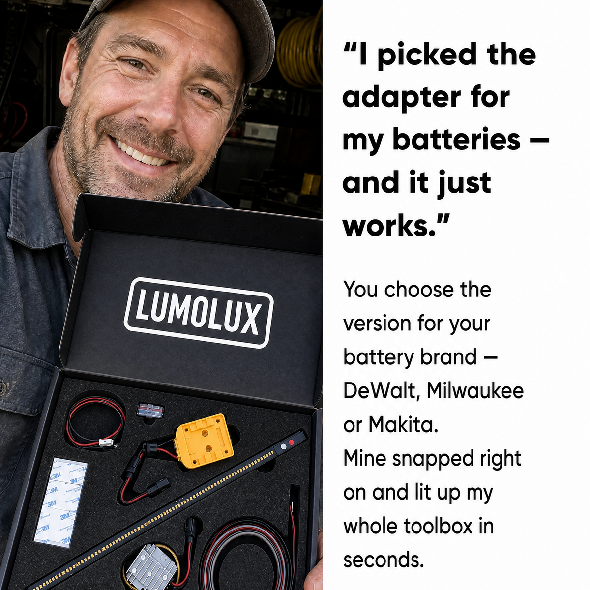 A man holds an open Lumolux battery adapter toolbox kit, showing the included cables, connectors, and small tools inside a black case. The right side includes a review from Mike R.