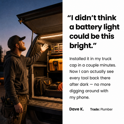 A promotional Lumolux graphic split into two sections. The left side shows a man standing beside an open utility truck at dusk, pointing toward bright interior lighting installed in the truck cap.
