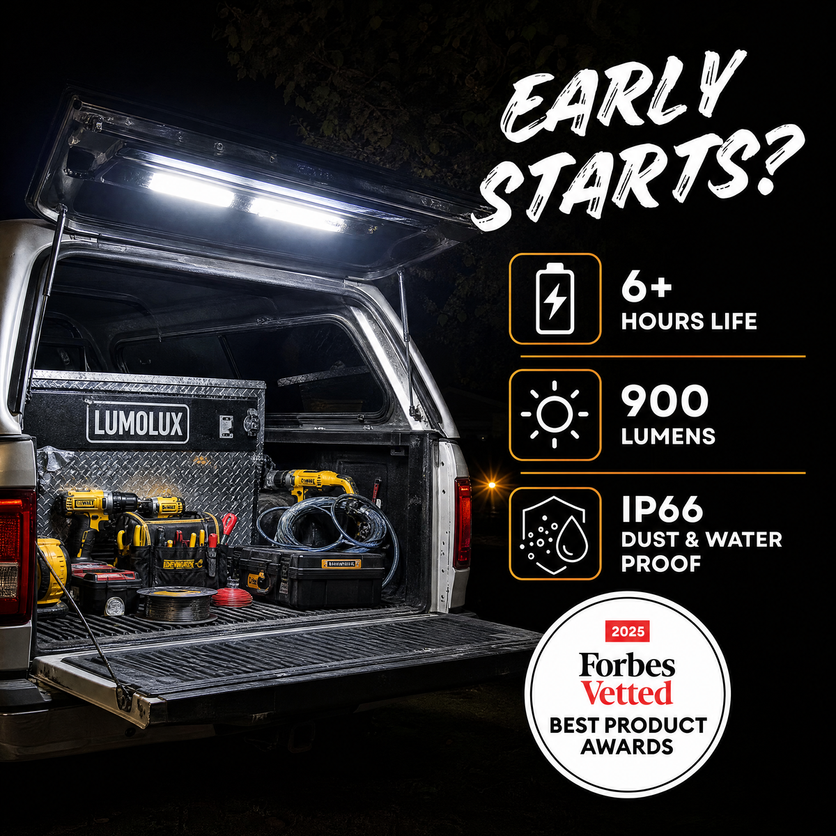 LUMOLUX truck bed power setup shown at night with the tailgate open, revealing a black diamond-plate storage case, tools, and a battery. Large text on the right reads 'EARLY STARTS?' with feature callouts: 6+ hours life, 900 lumens, IP66 dust and water proof, and a Forbes Vetted badge.