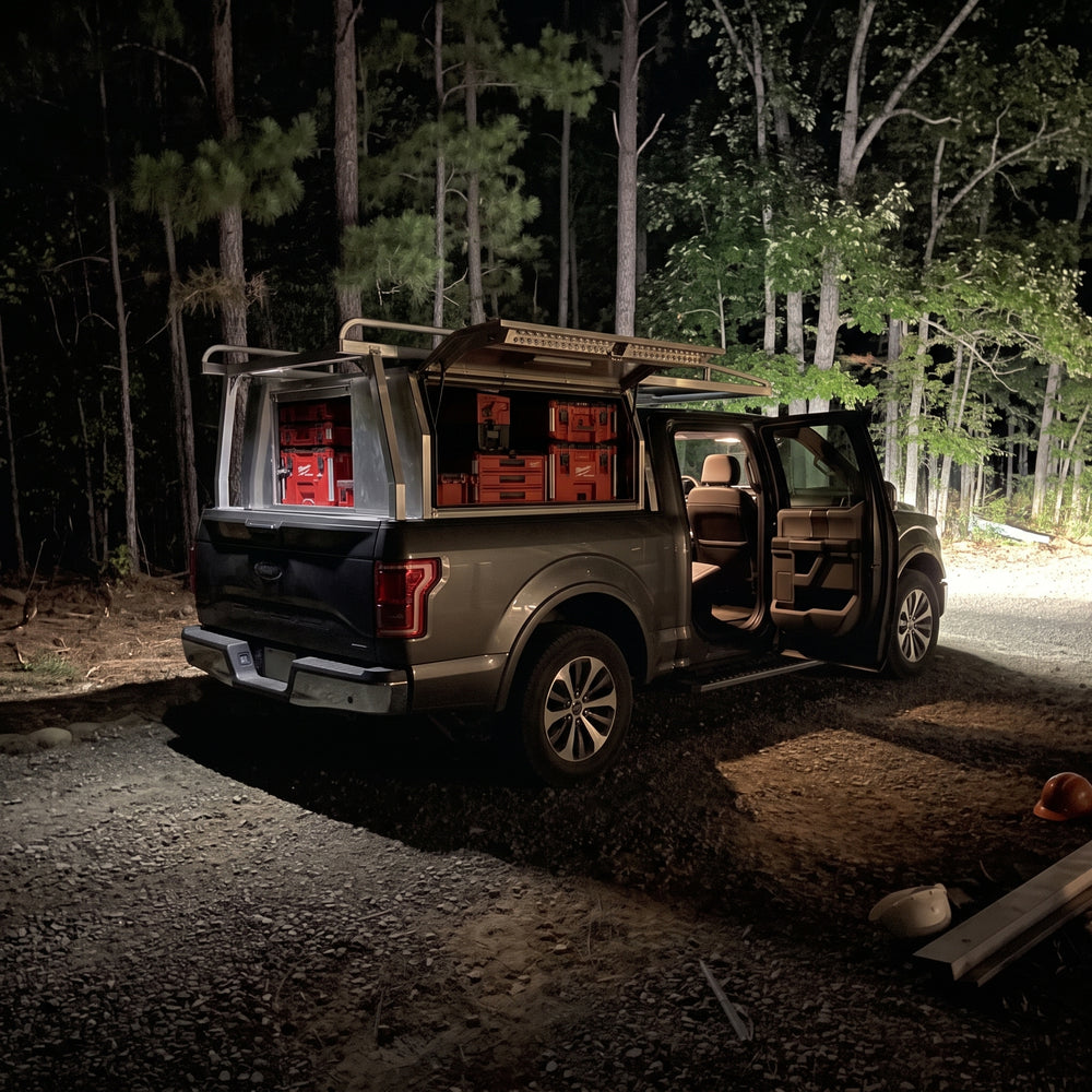 Ford F-150 with truck cap at night, LumoLux bar switched off - tool boxes barely visible