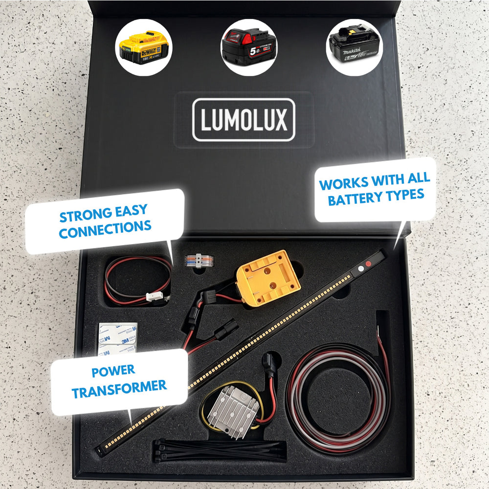 LumoLux 300 kit — light bar, battery adapter and mounting hardware
