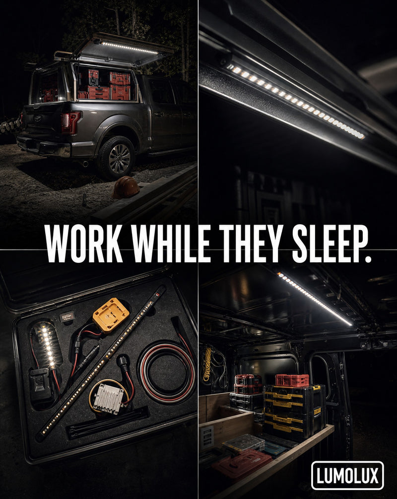 Lumo-300 lighting a truck bed and toolbox at night, plus the full kit contents laid out
